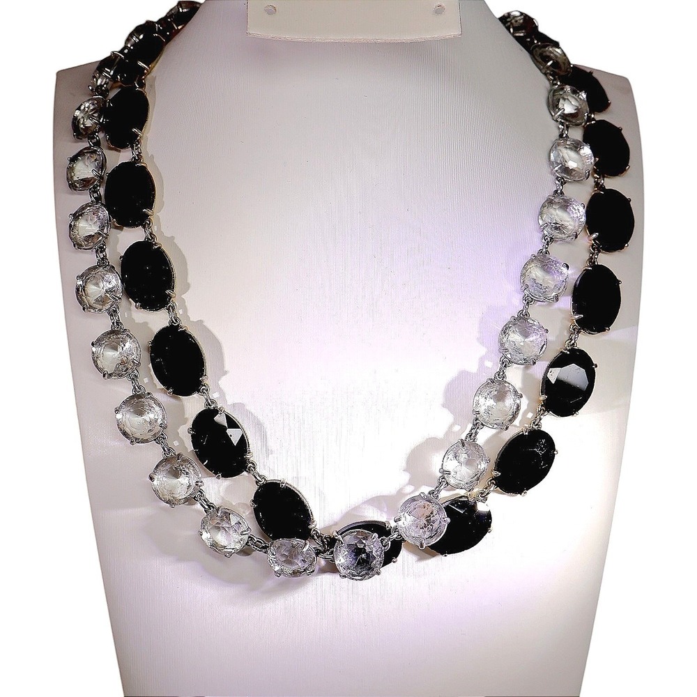 Lele Sadoughi Crystal Double Twist Necklace 14k Gold Plated Clear Black Jet EUC